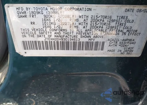 2003 Toyota Rav4 z USA, uszkodzony, nr VIN JTEHH20V930194613